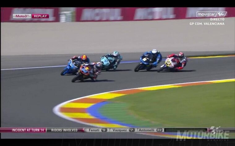 Secuencia de la caída múltiple en la última curva de Valencia en Moto3 1 Caida Vazquez Fenati Antonelli 1